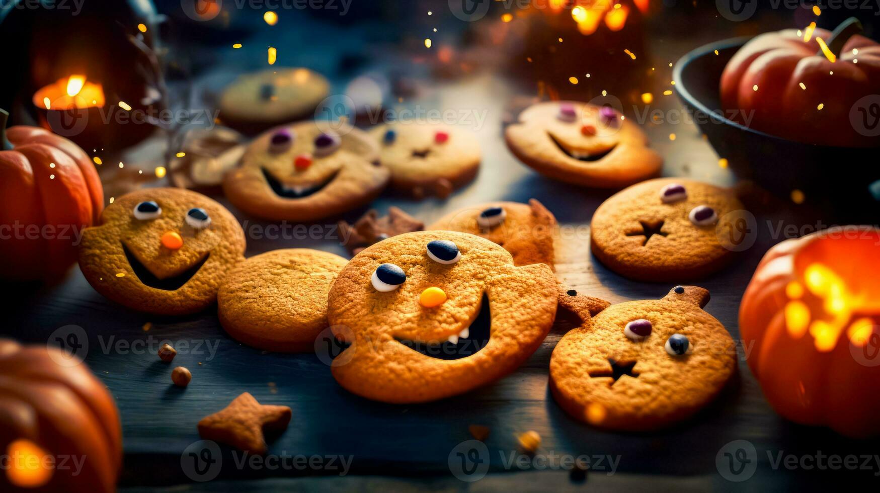 Close up of some cookies with faces and eyes on wooden table. Generative AI photo
