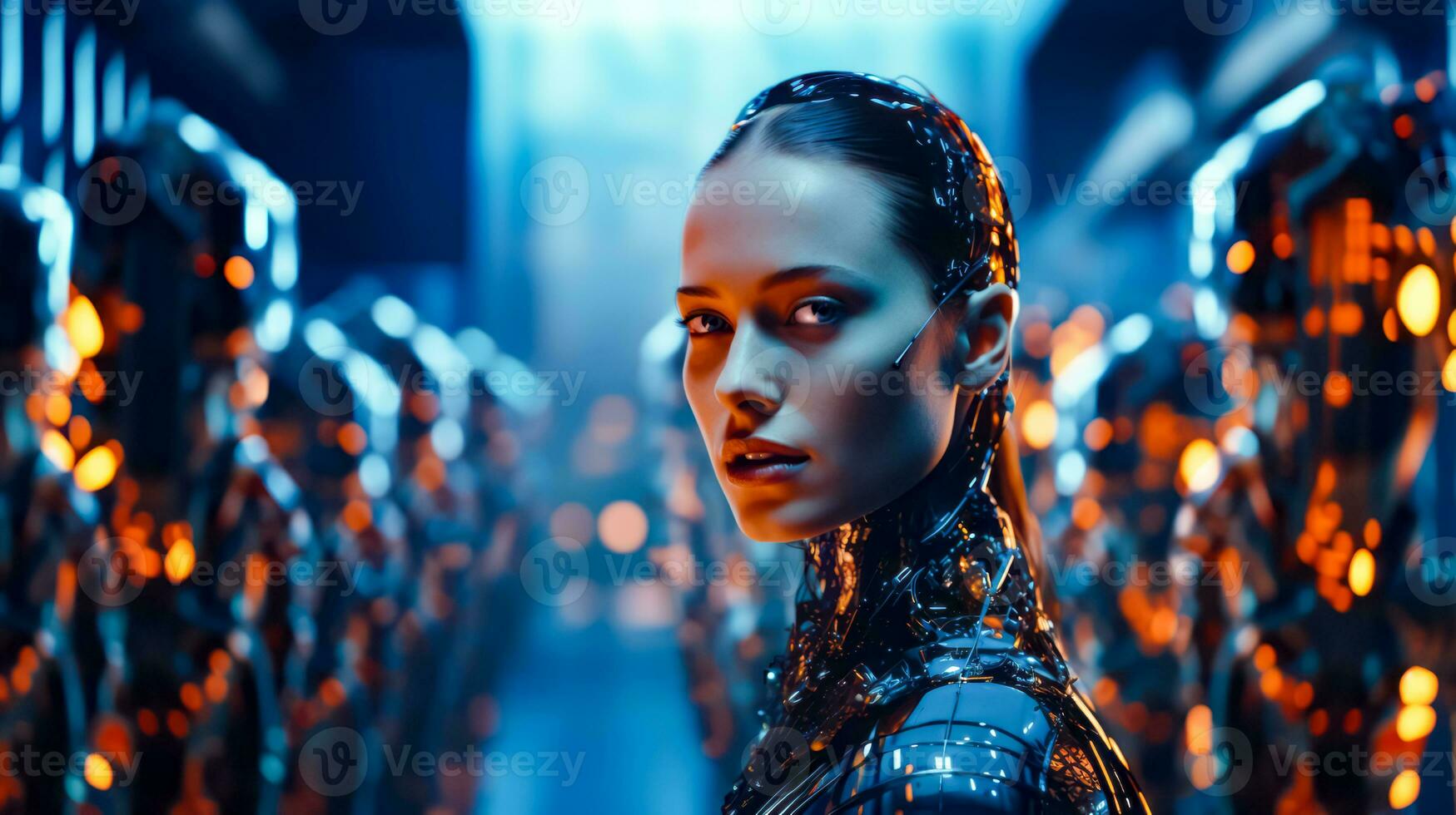 Woman in futuristic suit with sci - fi . Generative AI photo