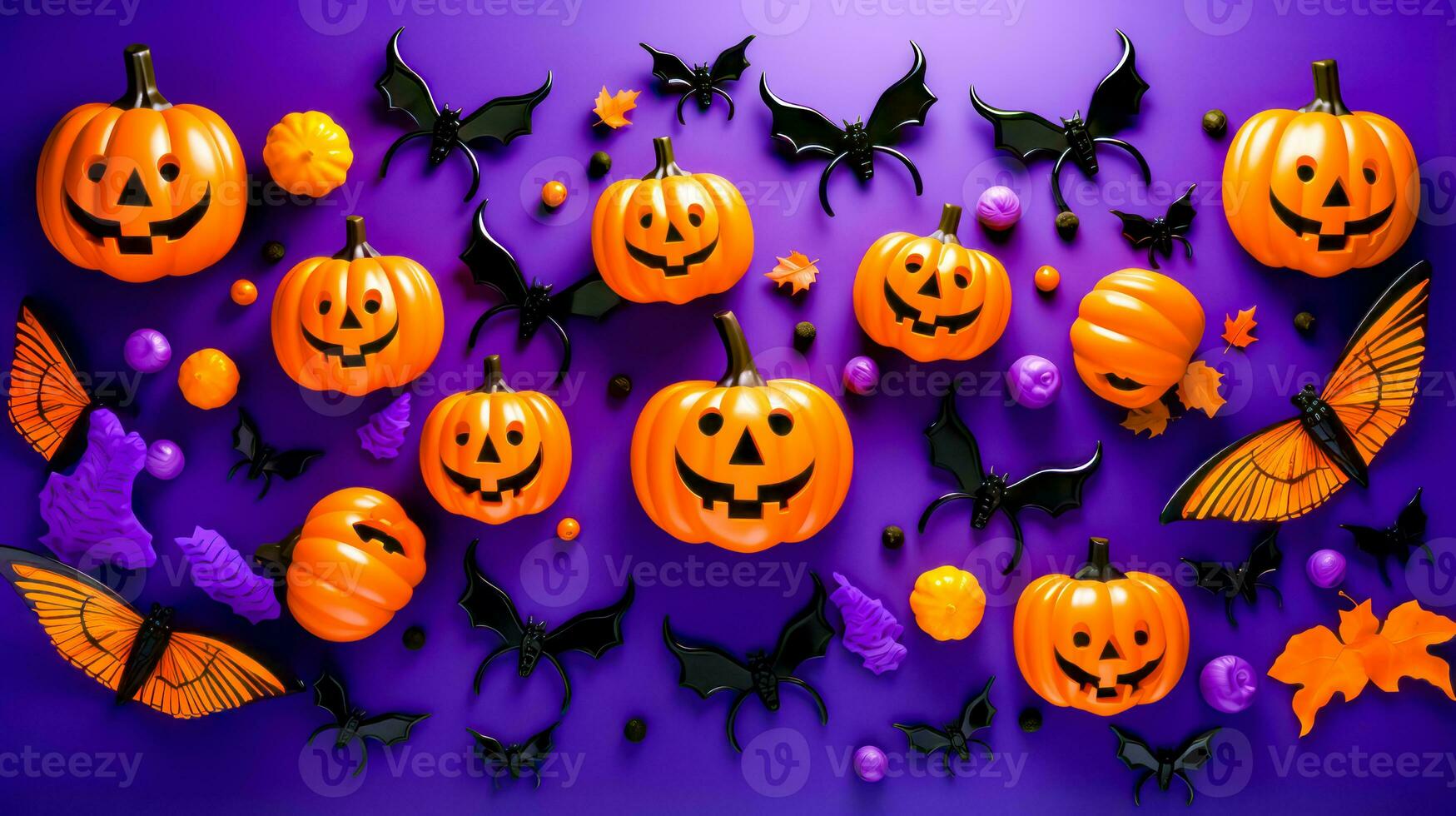 Group of pumpkins with bats and bats around them on purple background. Generative AI photo