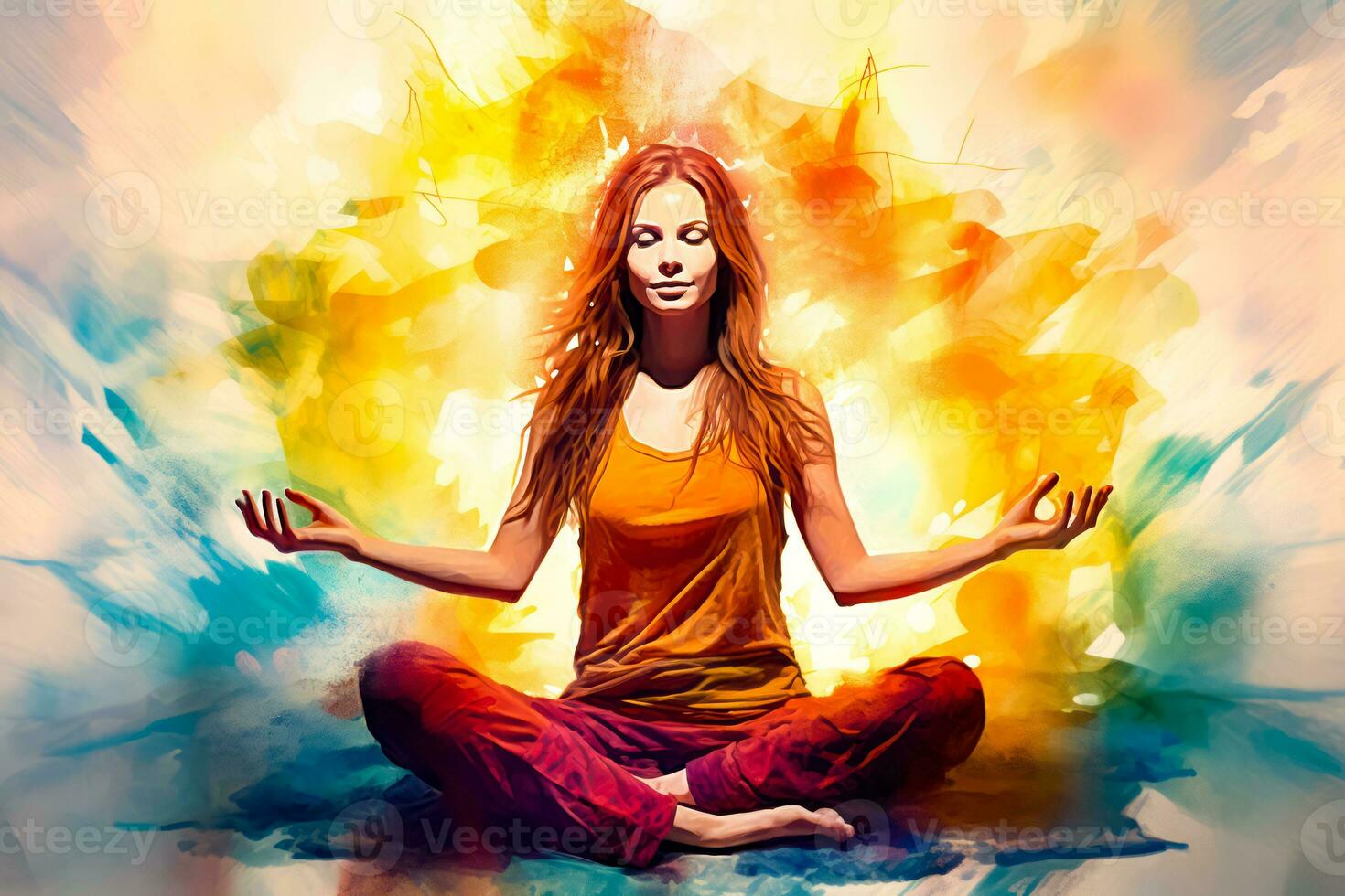 Painting of woman sitting in the middle of lotus pose with her hands in the air. Generative AI photo