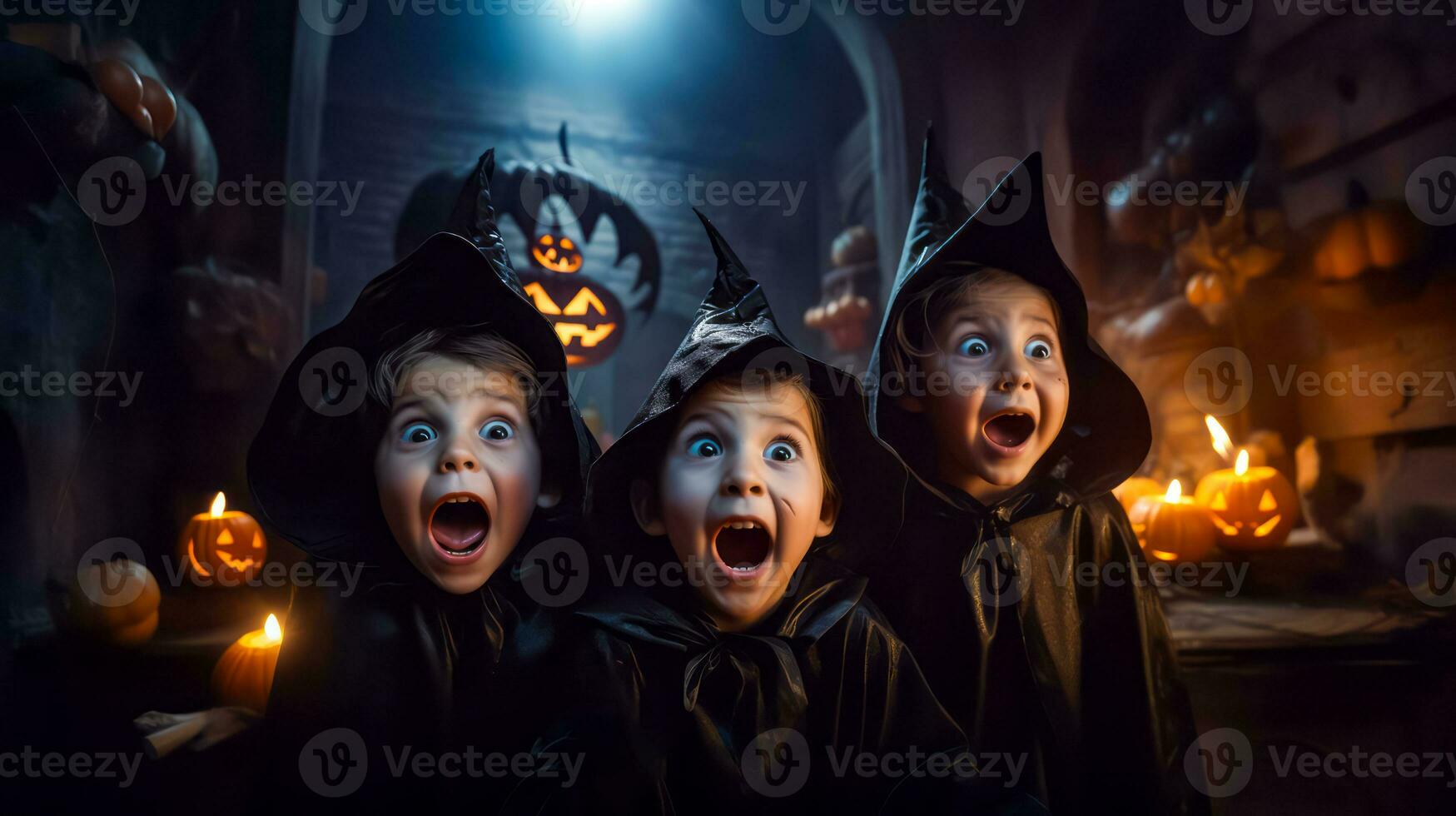 Group of children dressed up in halloween costumes with pumpkins in the background. Generative AI photo