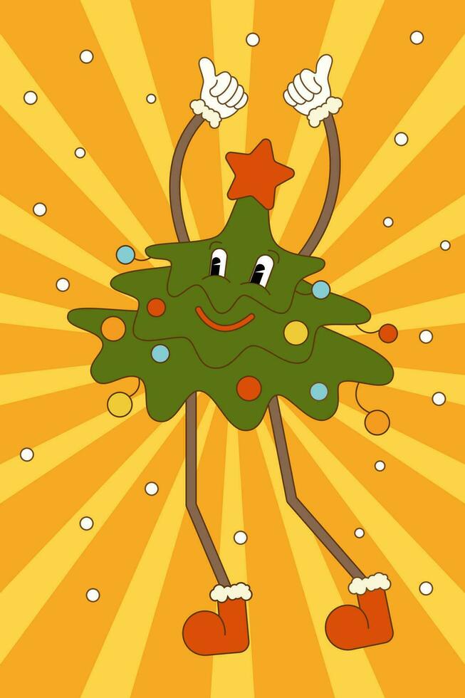 Dancing Christmas tree. Vector illustration in trendy retro groovy style for cards, flyers, posters, banners, design.
