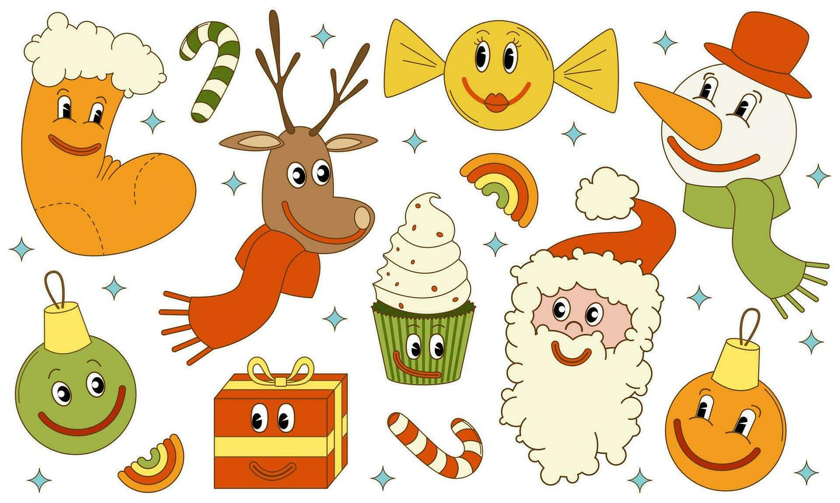 Set of Christmas characters. Santa, deer, snowman. Vector illustration in trendy groovy retro style. Christmas and New Year.