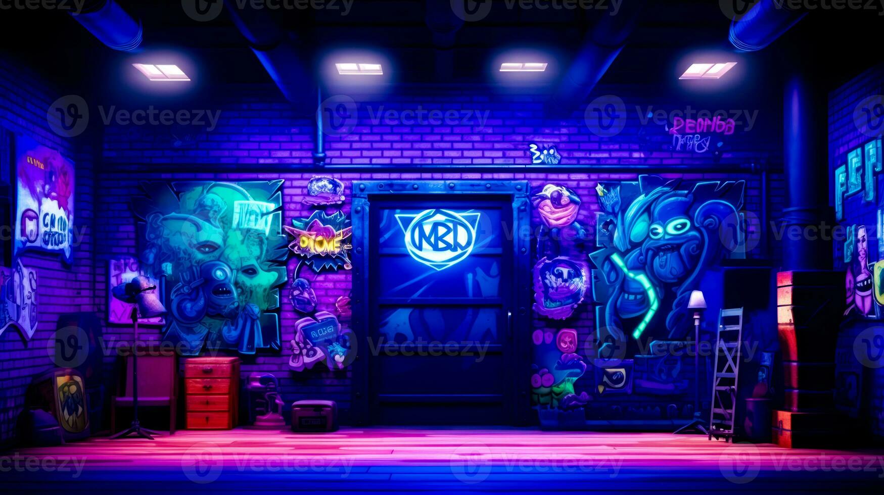 Brightly lit room with neon sign on the wall and neon sign on the door. Generative AI photo