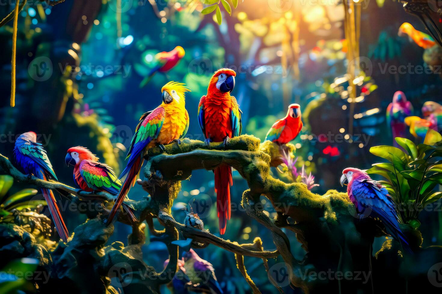 Group of colorful birds sitting on top of tree branch in forest. Generative AI photo