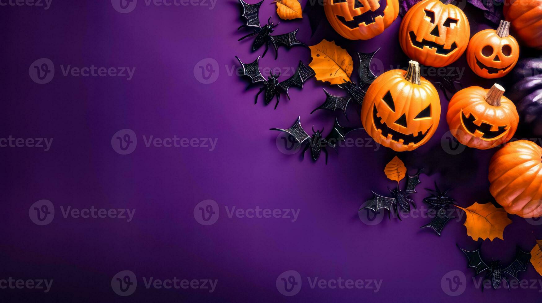 Group of halloween pumpkins with bats on purple and purple background. Generative AI photo