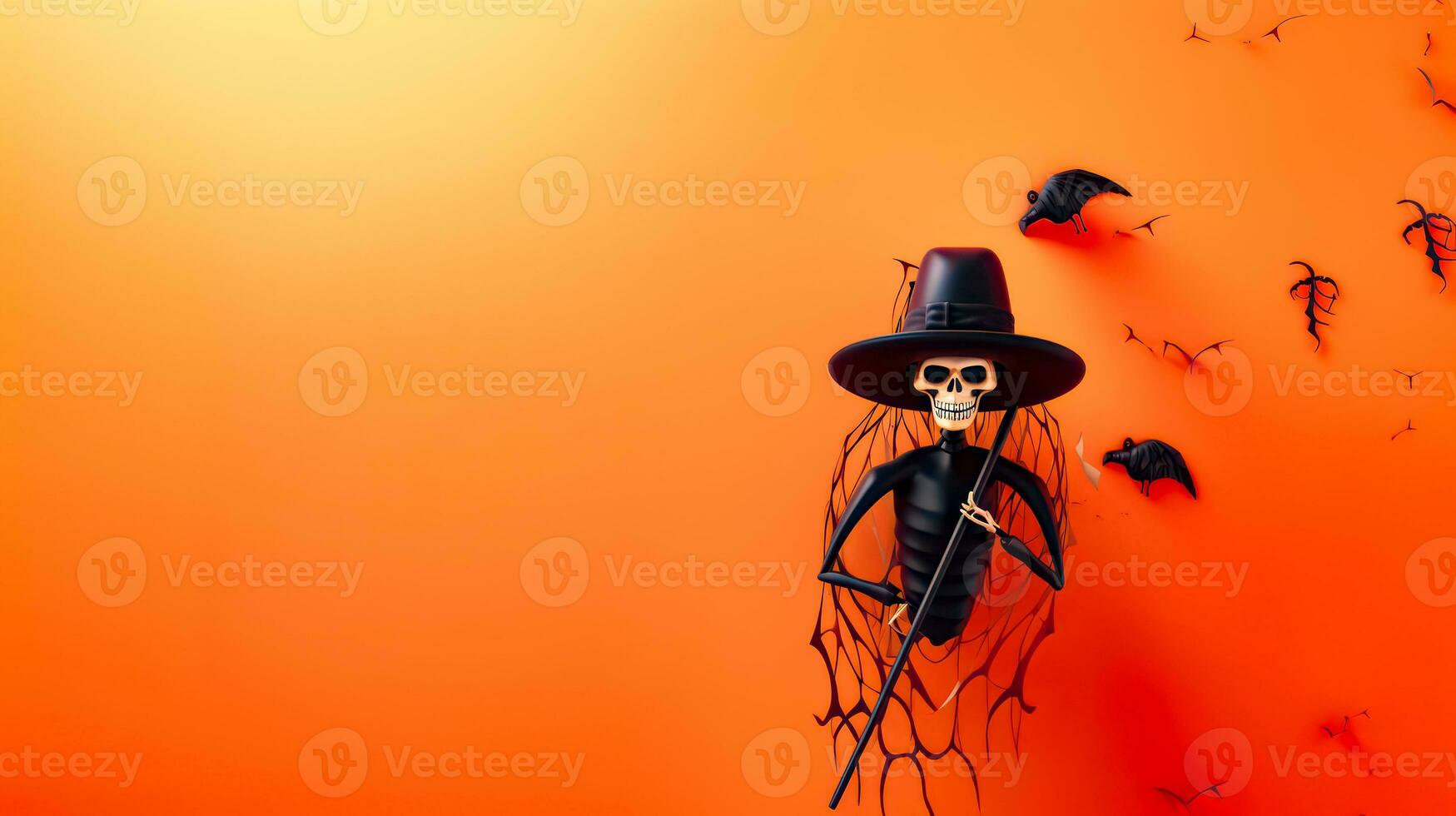 Skeleton wearing witches hat and holding broom on orange background. Generative AI photo