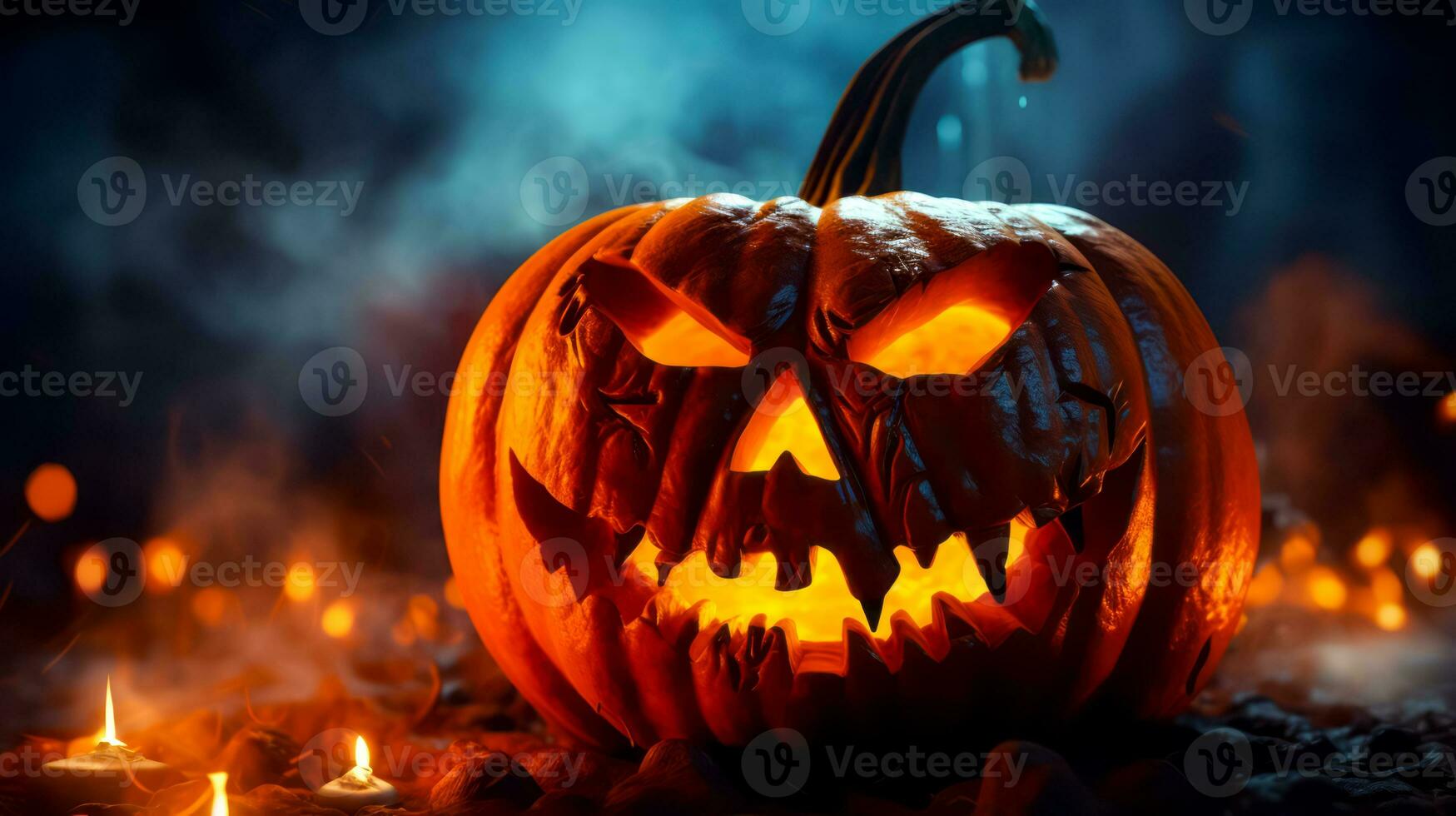 Carved jack o lantern on pile of leaves with candle in the background. Generative AI photo
