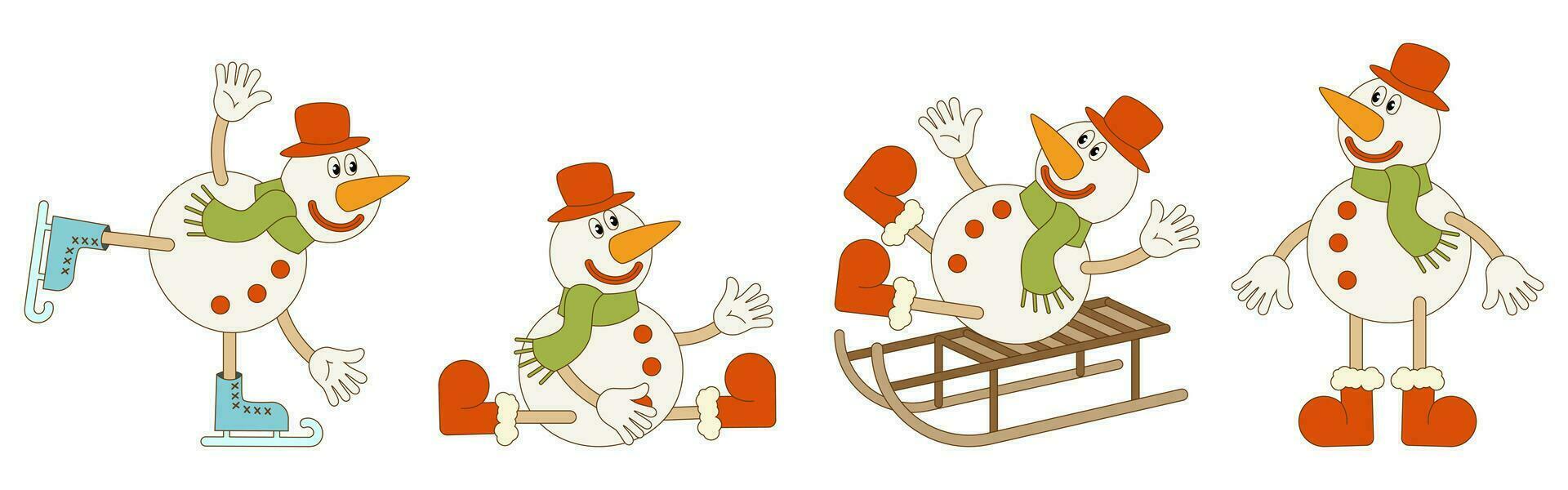 Set of Christmas snowmen in different poses. Vector illustration in trendy groovy retro style. White background.