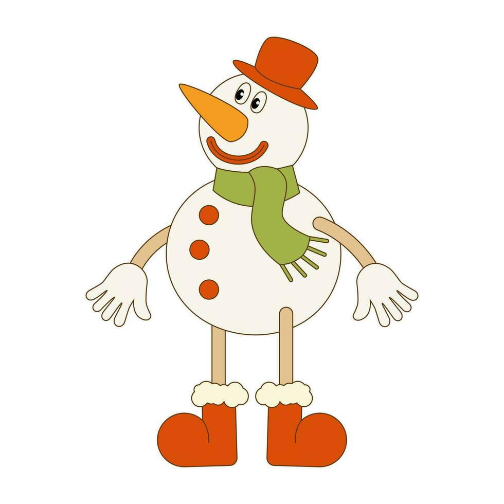 Christmas illustration of a snowman in retro groovy style. Cartoon character on a white background. Vector. vector