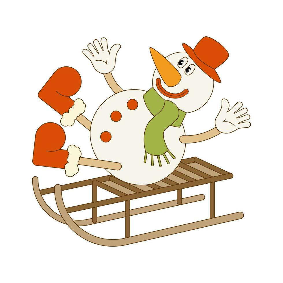 Snowman on a sled. Christmas illustration in retro groovy style, for cards, posters, wrapping paper, banners, flyers. Vector. vector
