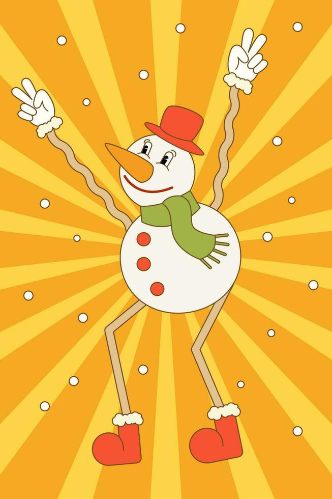 Dancing snowman. Vector illustration in trendy retro groovy style for cards, flyers, posters, banners, design.