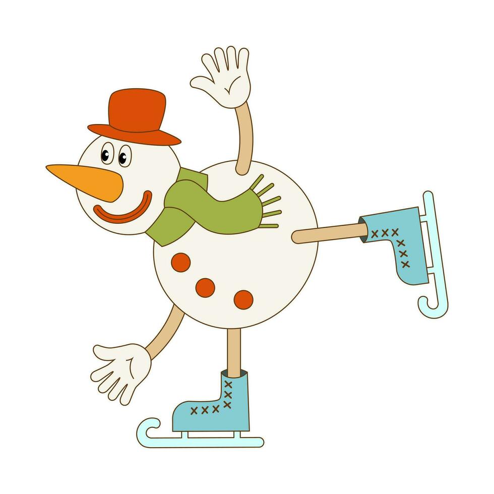 Snowman on skates. Christmas illustration in retro vintage style, for flyers, posters, cards, wrapping paper. Vector on white background.