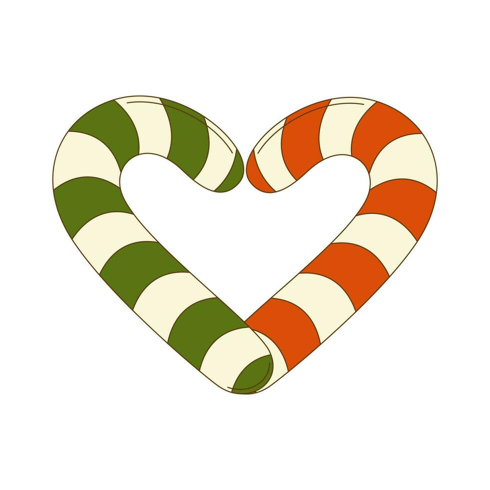 Two Christmas candy canes in the shape of a heart, red and green.Vector illustration in retro style on a white background. vector