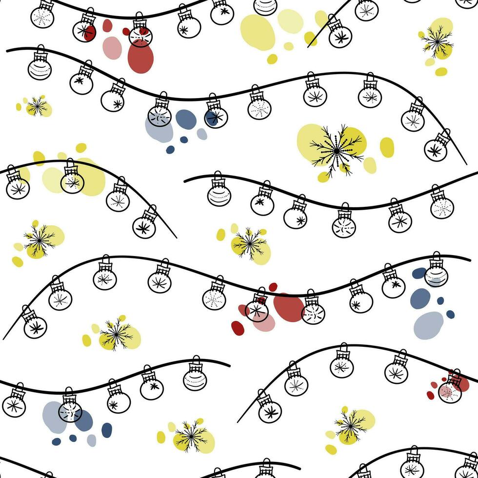 sin costura modelo con garabatear guirnalda con colgando Navidad pelotas con copos de nieve, vistoso lugares y puntos en blanco antecedentes vector