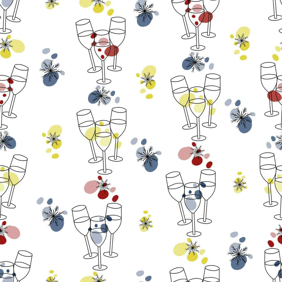 Seamless pattern with champagne glasses snowflakes, colorful spots and dots on white background vector