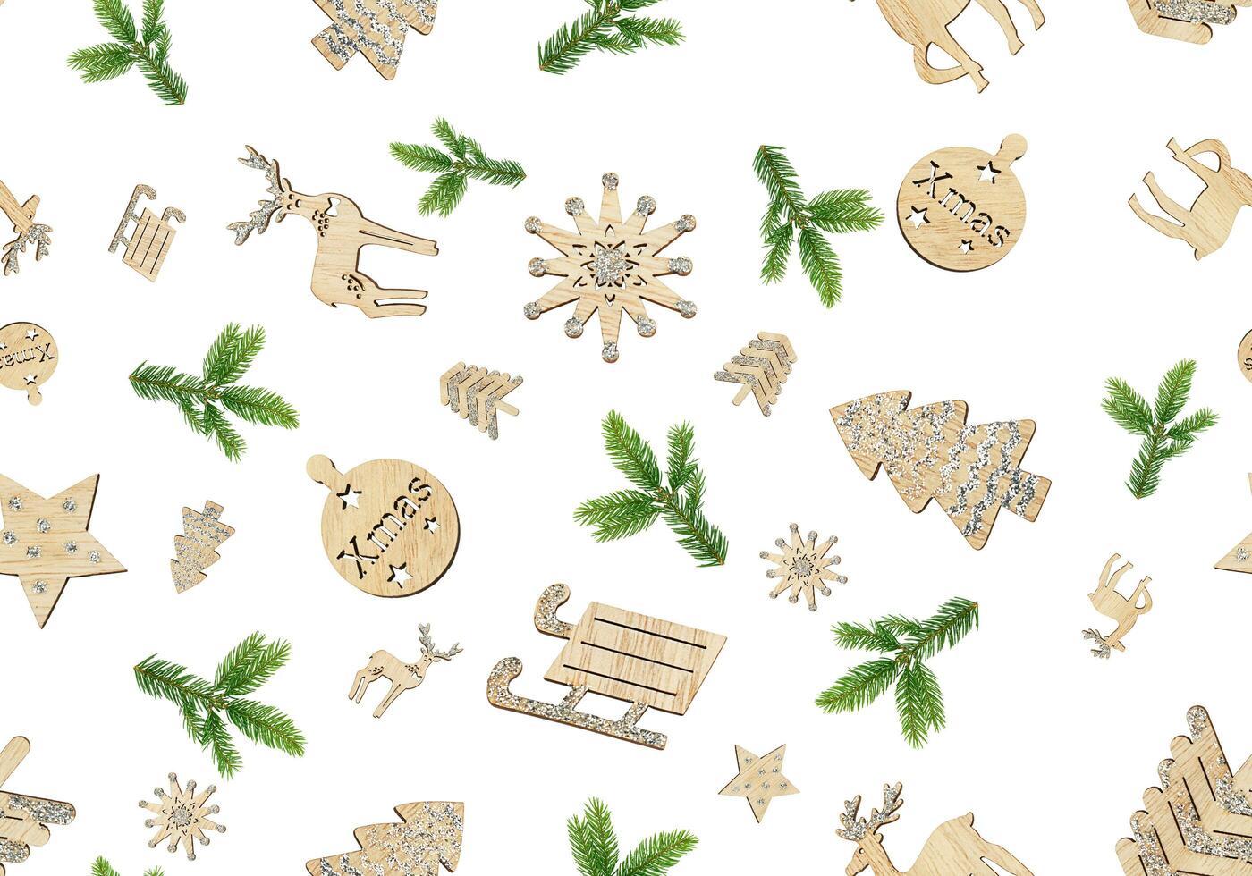 Seamless pattern of Christmas decorations on a white background photo