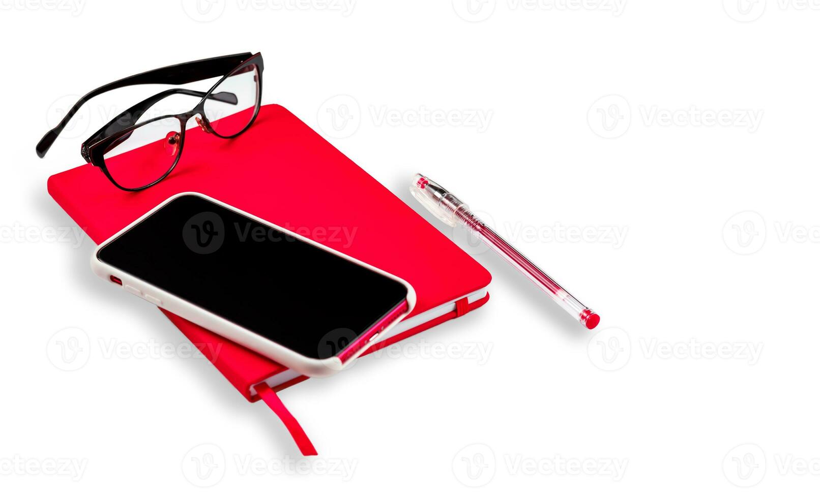 red notepad, smartphone, glasses and pen on white background, isolated photo