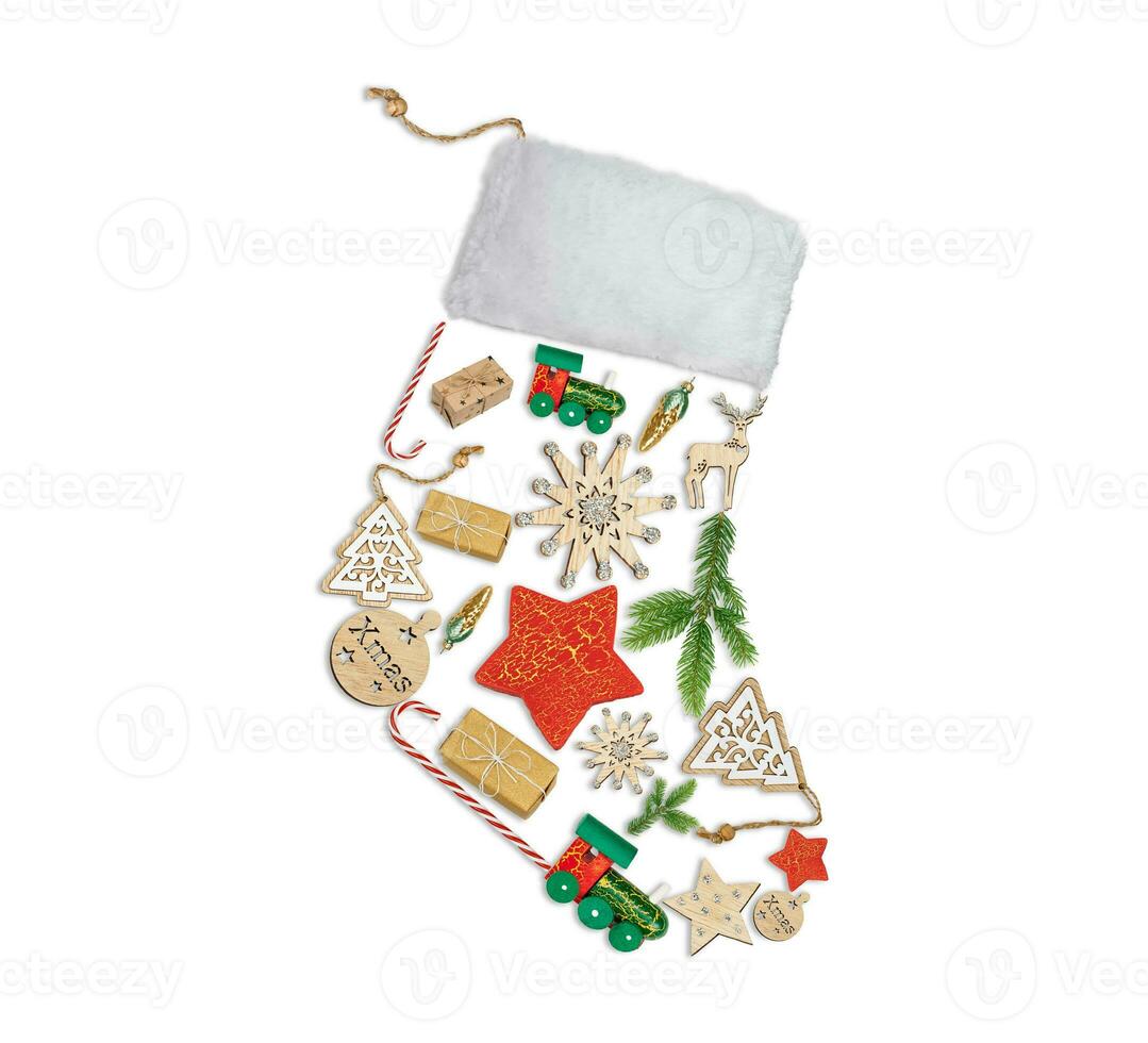 Christmas decorations in the shape of a Christmas sock. Isolated objects on white background photo