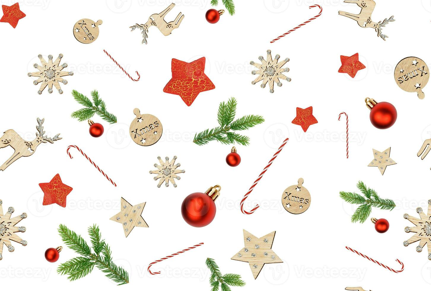 Seamless pattern with Christmas decorations on a white background photo