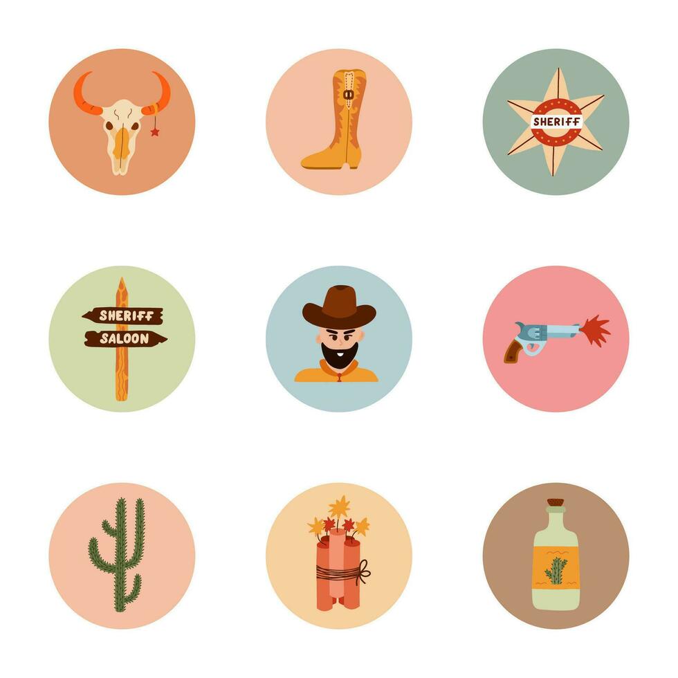 Trendy and cozy round highlights for different social media, blogs, business, branding with Wild West illustrations. Cover icons for stories with cowboy western vector clipart in warm colors