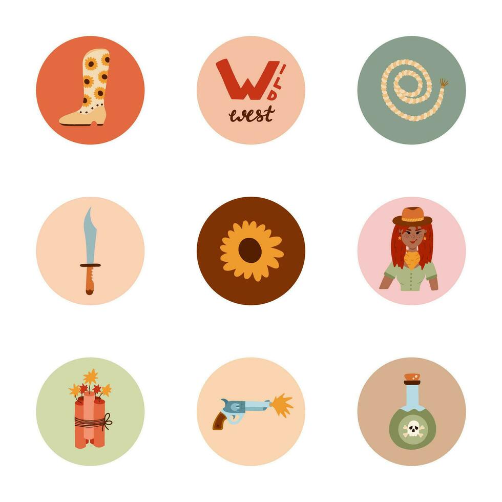 Trendy and cozy round highlights for different social media, blogs, business, branding with Wild West illustrations. Cover icons for stories with cowboy western vector clipart in warm colors