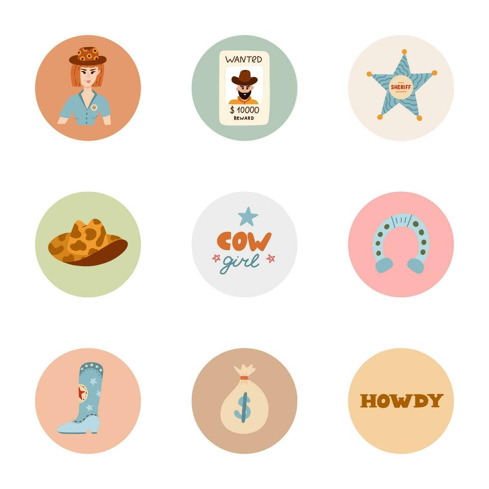 Trendy and cozy round highlights for different social media, blogs, business, branding with Wild West illustrations. Cover icons for stories with cowboy western vector clipart in warm colors