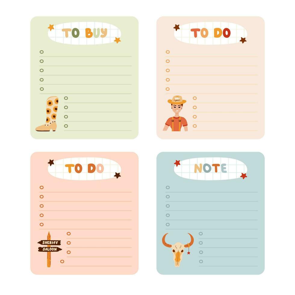 Cute hand drawn set with notebook templates for to do, to buy list, note with cowboy and western illustrations. Printable, editable diary elements for weekly planner, bullet journal, school schedule. vector