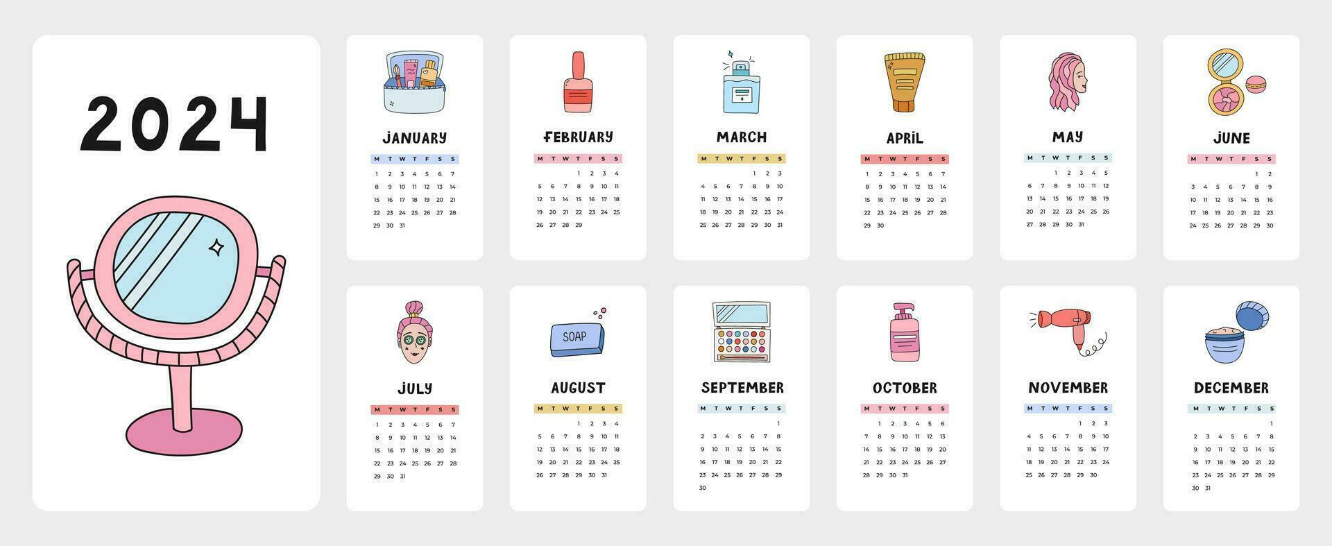 Cute calendar template for 2024 year with creative doodles of beauty care. Calendar grid with weeks starts on Monday for kids nursery, corporate office. Vertical monthly calender layout for planning. vector