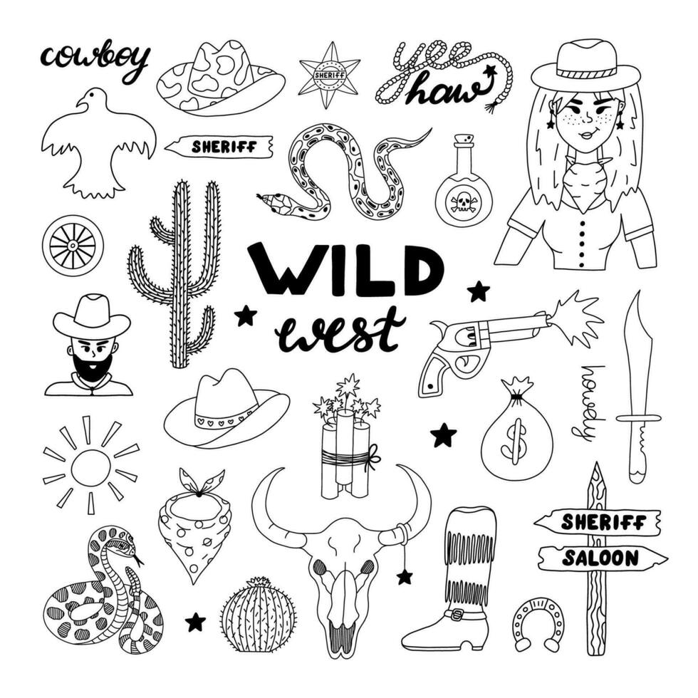 Big Wild West and cowboy set in doodle style with hand drawn outline. Vector illustration with western boots, hat, snake, cactus, bull skull, sheriff badge star. Cowboy theme with symbols of Texas.