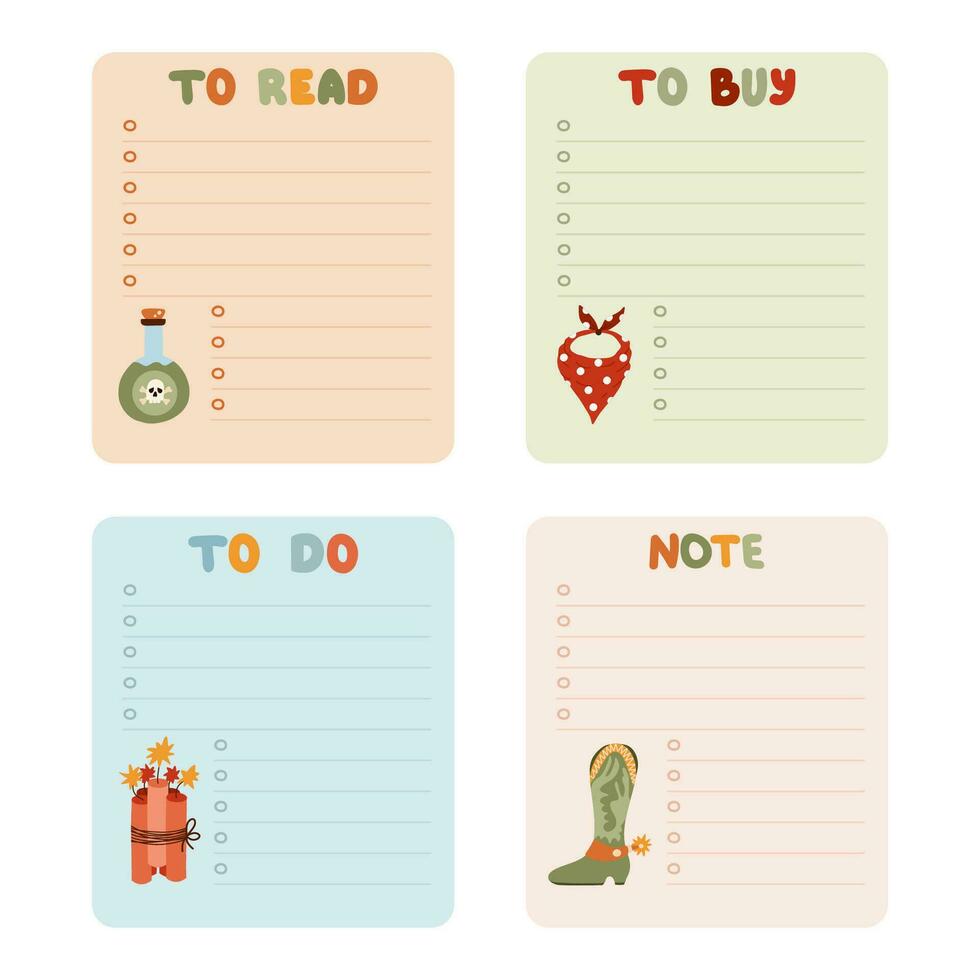 Cute hand drawn set with notebook templates for to do, to buy list, note with cowboy and western illustrations. Printable, editable diary elements for weekly planner, bullet journal, school schedule. vector