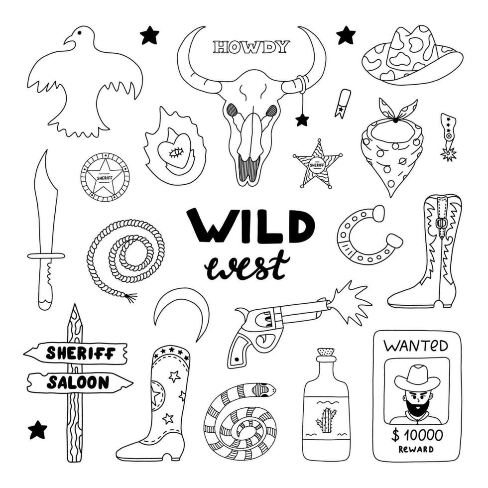 Big Wild West and cowboy set in doodle style with hand drawn outline. Vector illustration with western boots, hat, snake, cactus, bull skull, sheriff badge star. Cowboy theme with symbols of Texas.