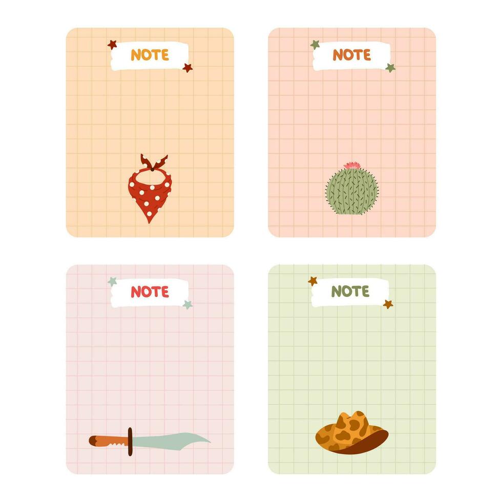 Cute hand drawn set with notebook templates for to do, to buy list, note with cowboy and western illustrations. Printable, editable diary elements for weekly planner, bullet journal, school schedule. vector