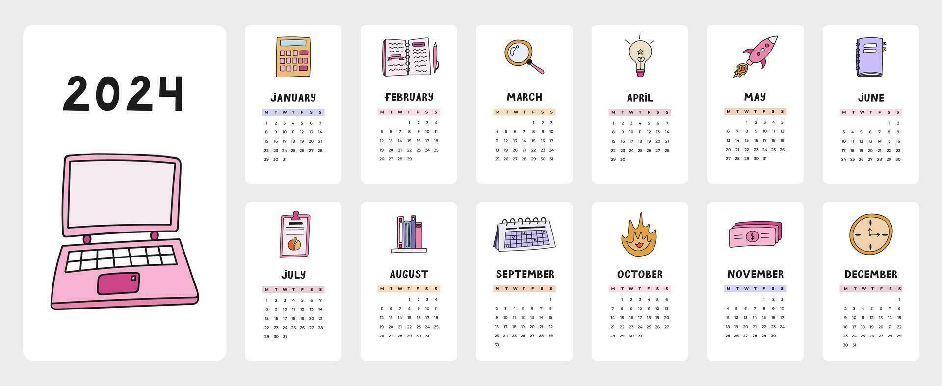 Cute calendar template for 2024 year with creative business doodles. Calendar grid with weeks starts on Monday for home or corporate office. Vertical monthly calender layout for planning. vector