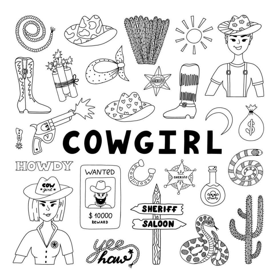 Big cowgirl set in doodle style with hand drawn outline. Vector illustration with western boots, hat, snake, cactus, bull skull, sheriff badge star. Cowboy theme with symbols of Texas and Wild West.