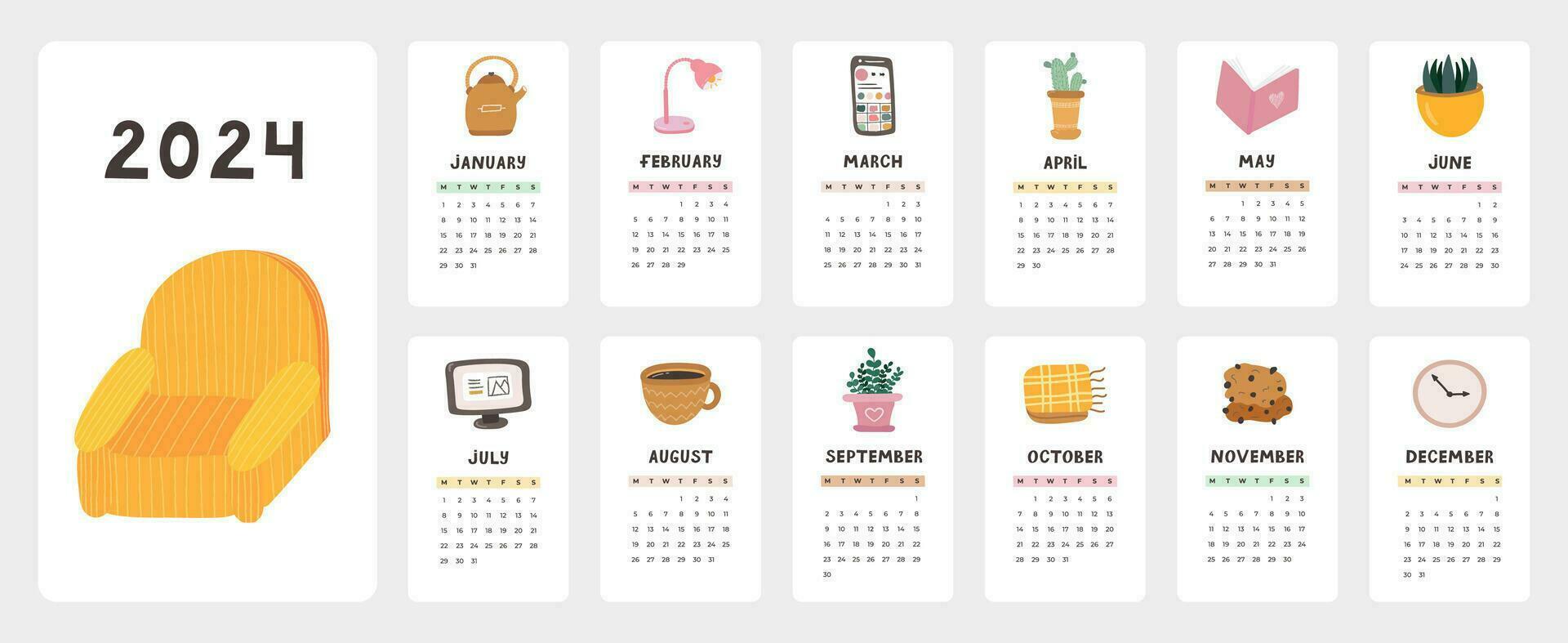 Cute calendar template for 2024 year with cozy scandinavian illustrations. Calendar grid with weeks starts on Monday for kids nursery, corporate office. Vertical monthly calender layout for planning. vector