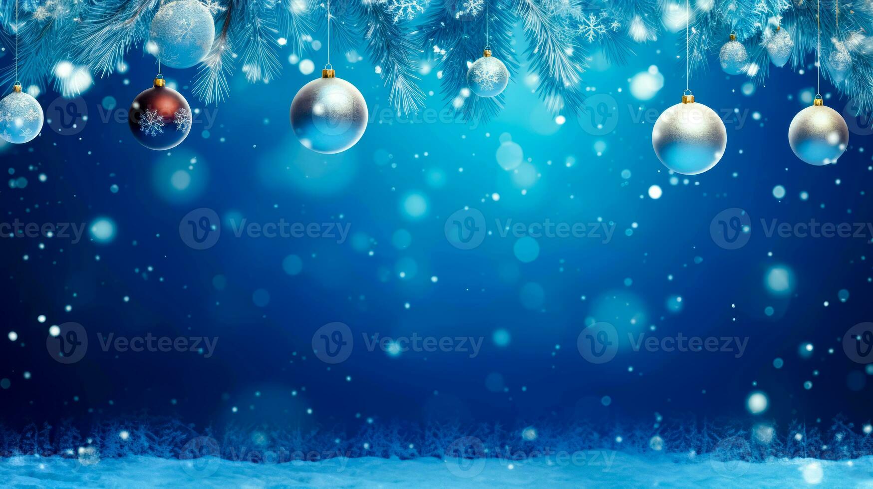 Blue christmas background with baubles hanging from branch of tree. Generative AI photo