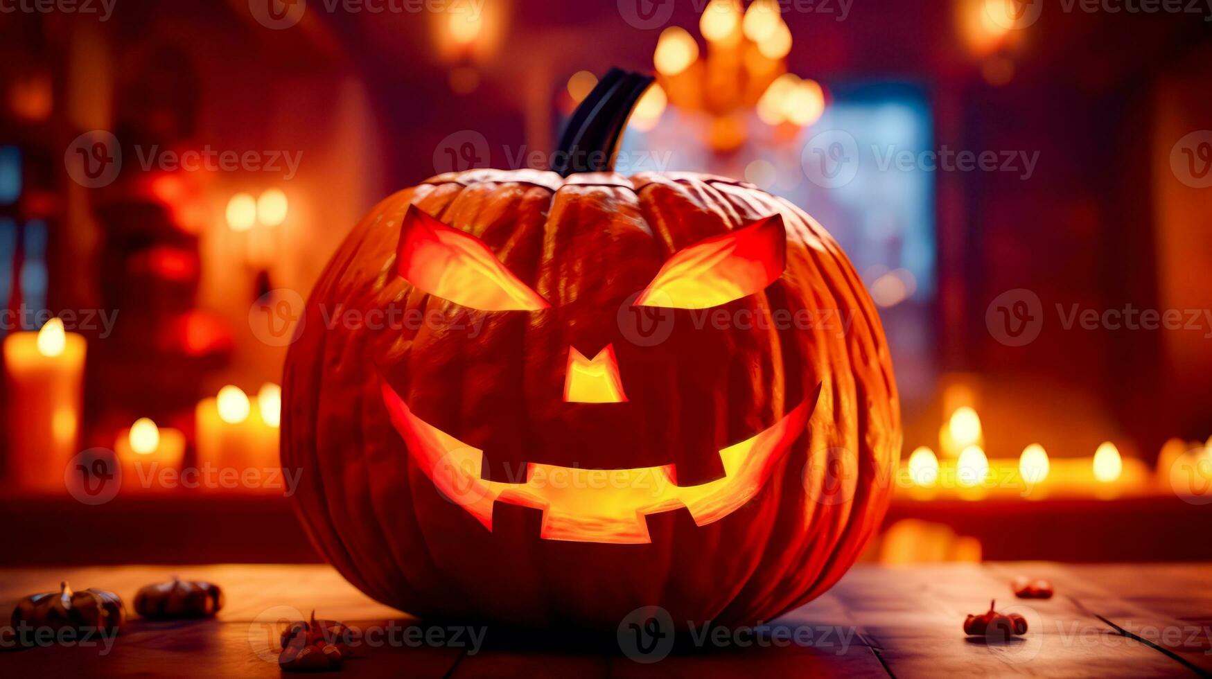 Carved pumpkin sitting on top of wooden table with candles in the background. Generative AI photo