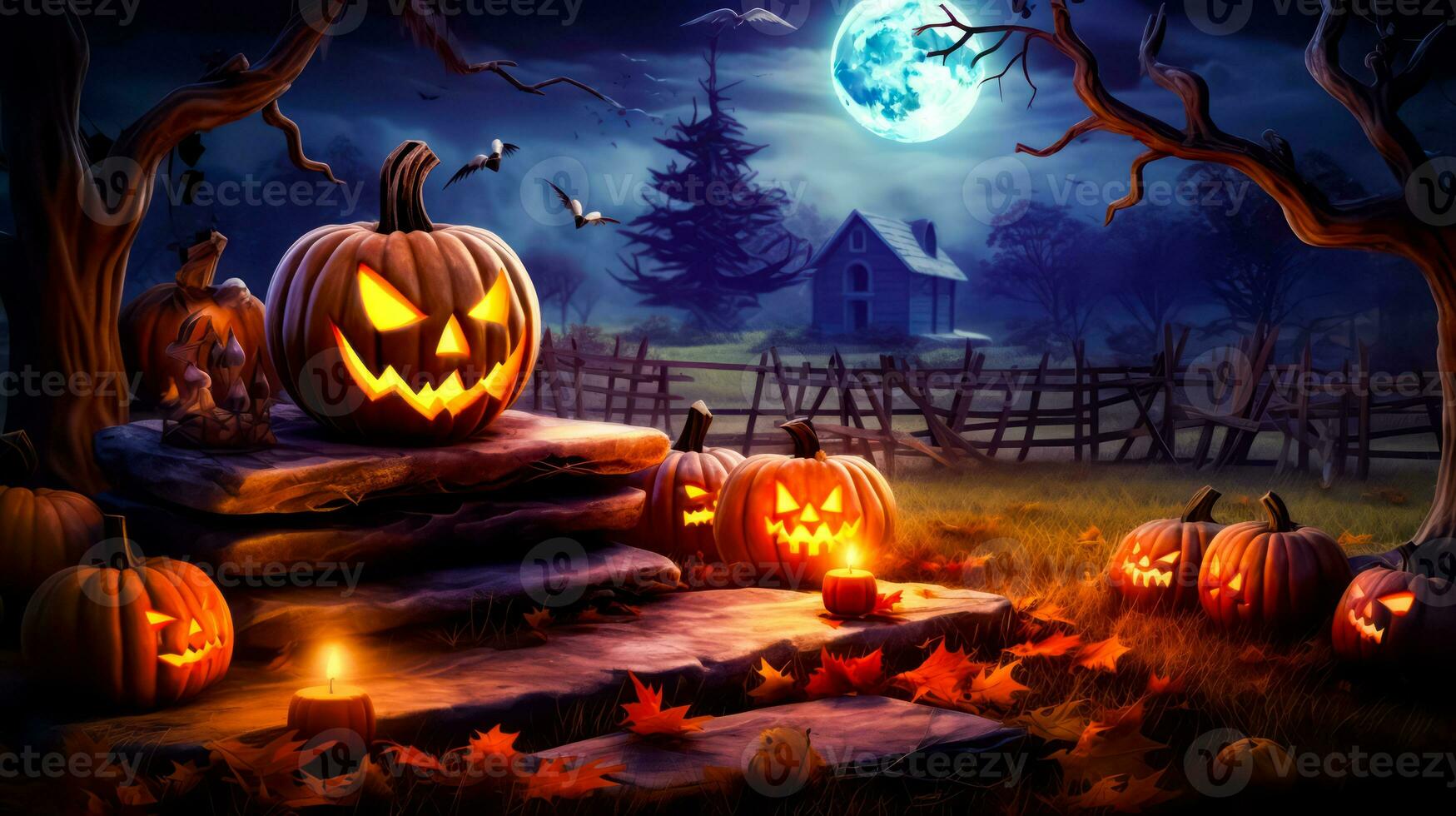 Halloween scene with jack - o - lantern pumpkins in the foreground and full moon in the background. Generative AI photo