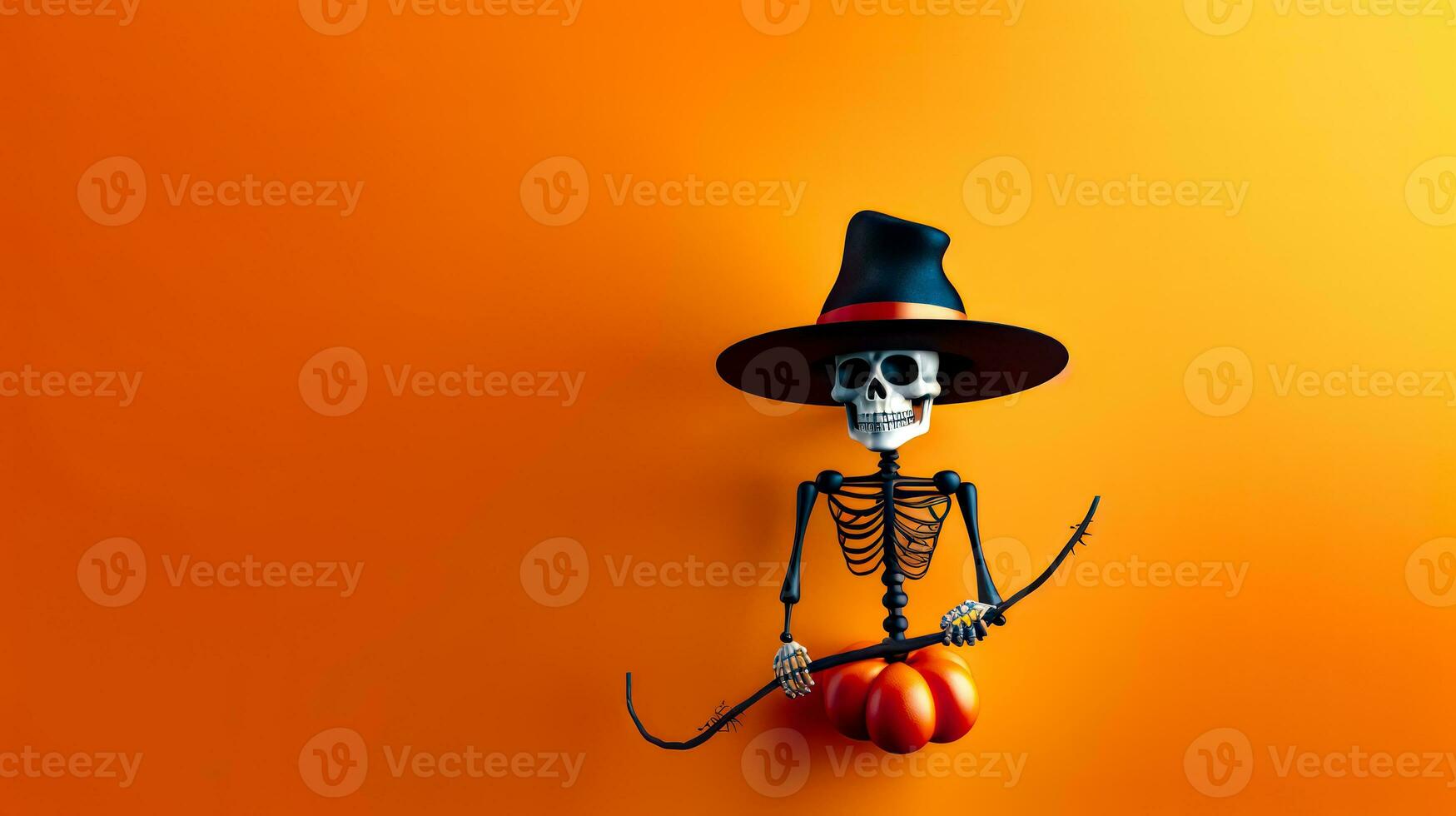 Skeleton wearing black hat and holding bunch of tomatoes on orange background. Generative AI photo