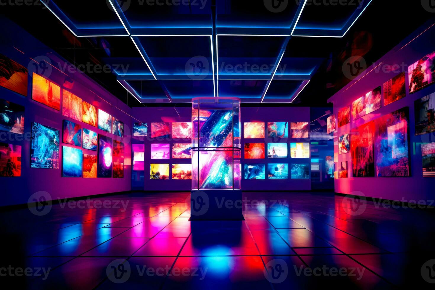 Brightly lit room with lot of colorful lights on the walls and floor. Generative AI photo