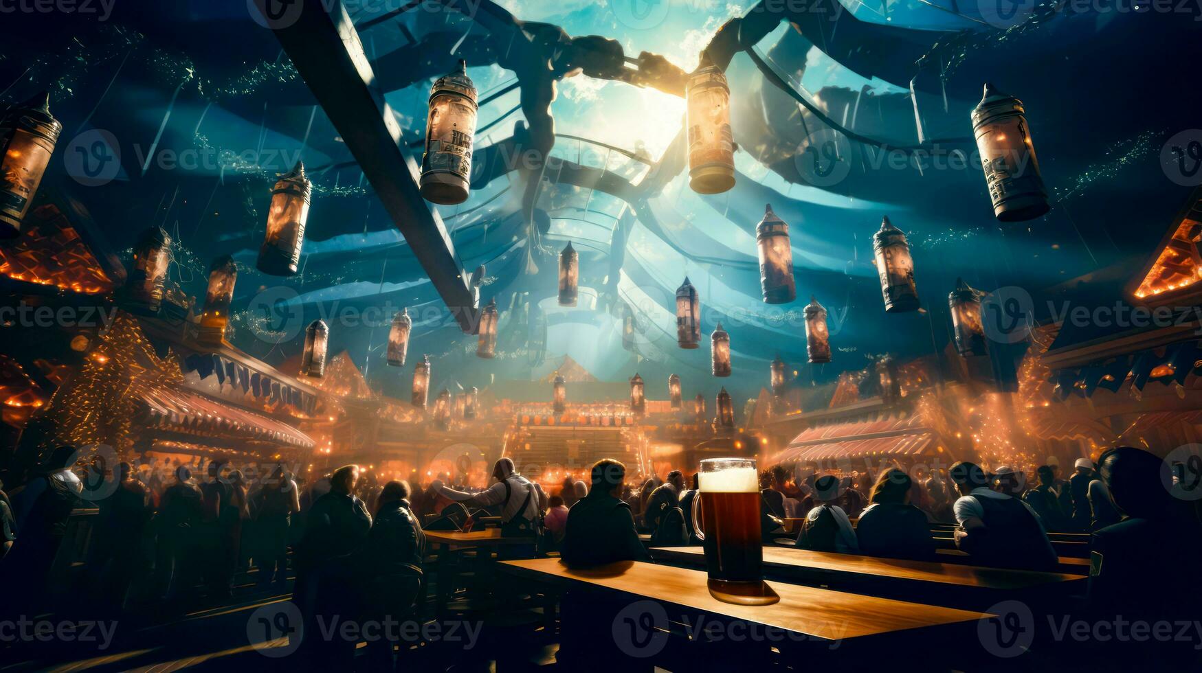 Group of people sitting at table with beer in front of them. Generative AI photo