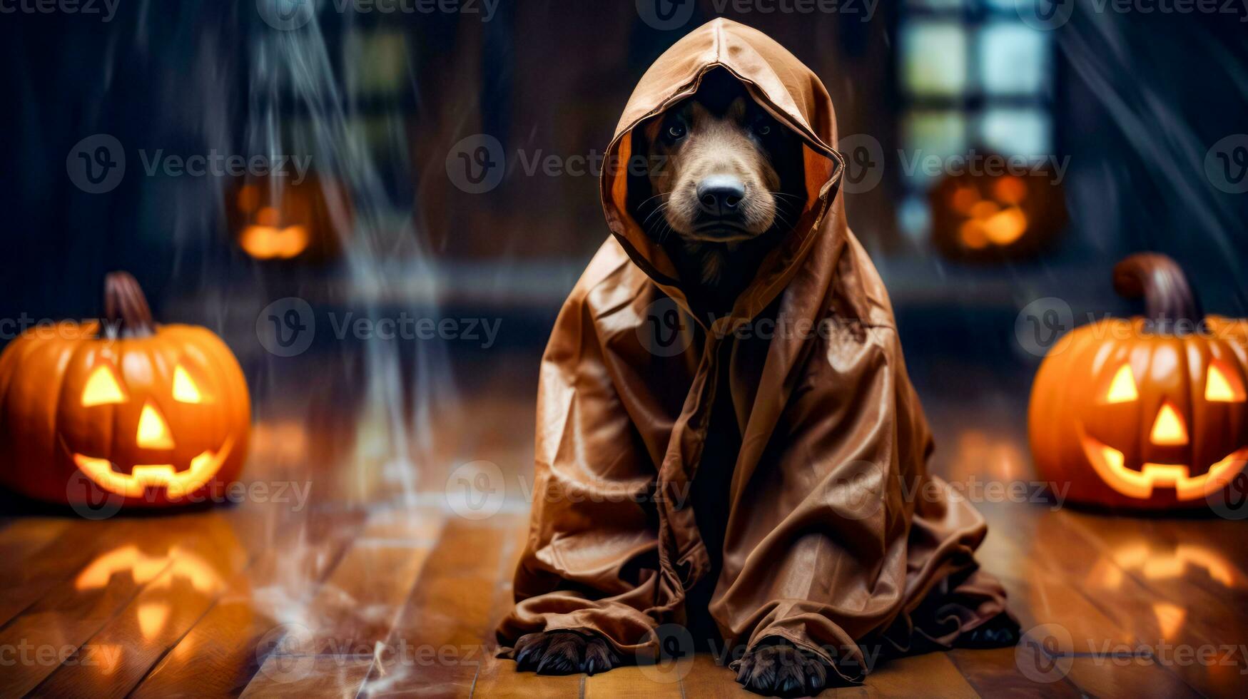 Dog dressed in raincoat sitting on the floor in front of fire. Generative AI photo