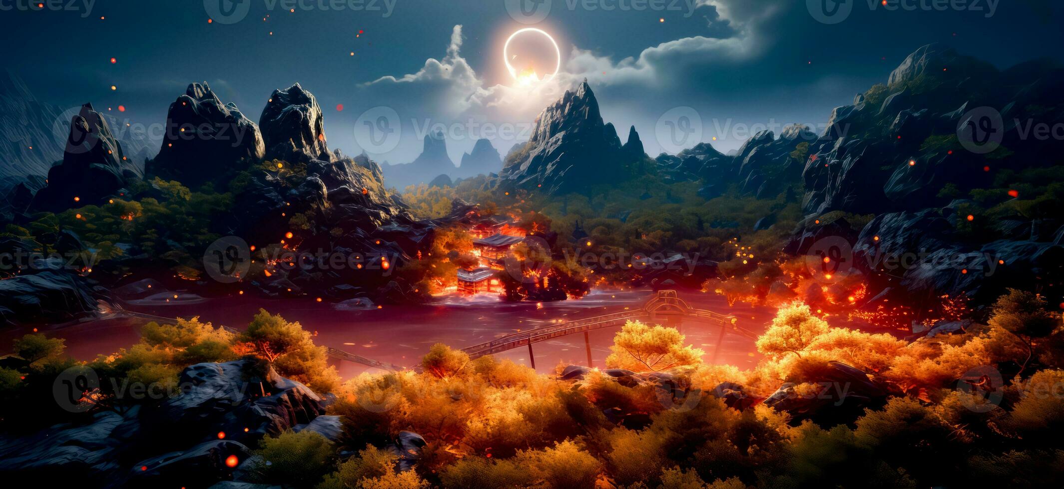 Painting of landscape with mountains, trees, and moon in the sky. Generative AI photo