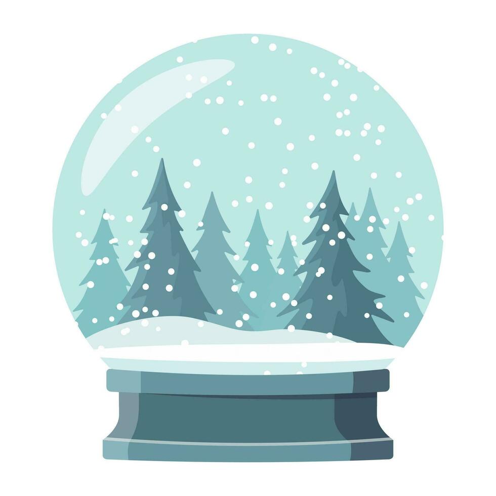 Snow globe with snowy forest illustration. Vector illustration. Isolated on white background. Happy Christmas or New Year decoration.