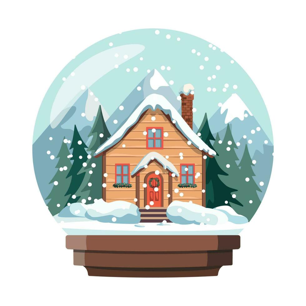 Winter snow globe with wood cabin in snowy forest. Vector illustration. Isolated on white background. Happy Christmas or New Year decoration.