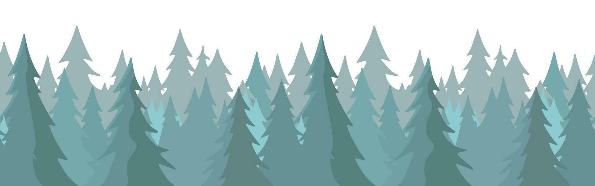 bosque panorama vista. pino árbol paisaje vector ilustración. abeto silueta. bandera antecedentes. niebla hojas perennes conífero arboles