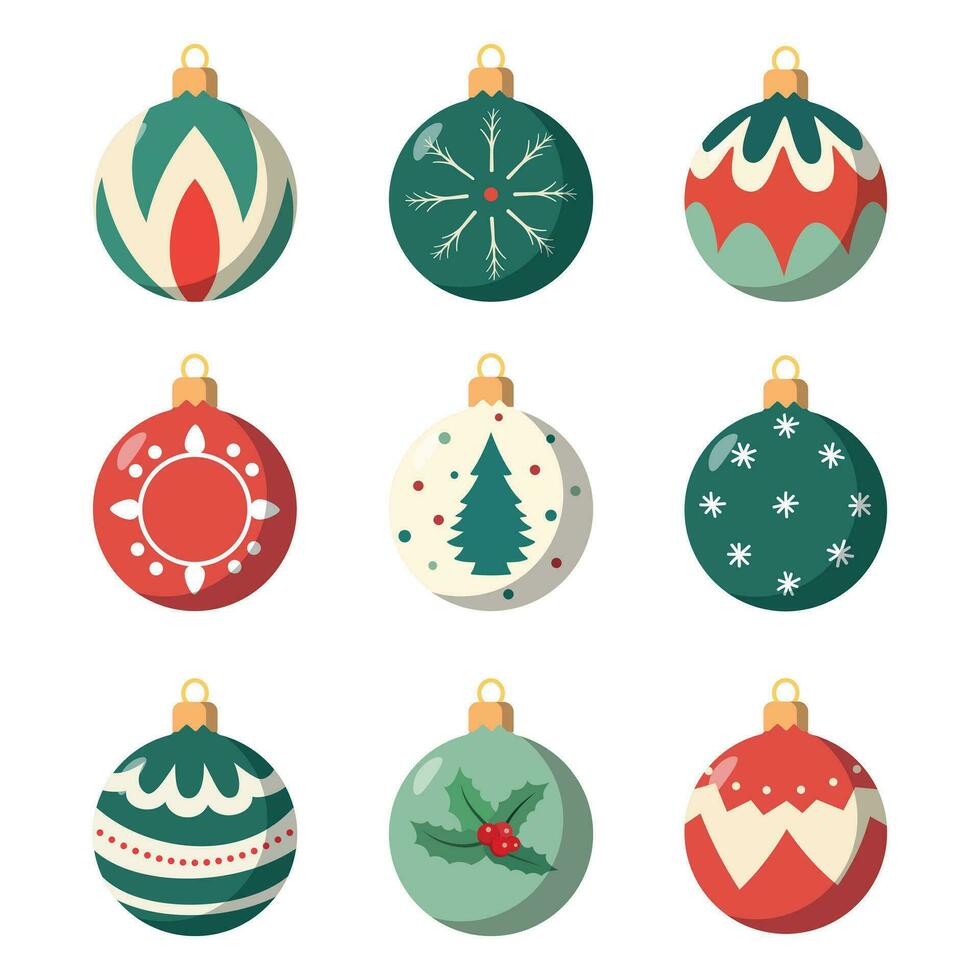 Christmas baubles collection. Happy New Year and Christmas winter decorations. Winter holiday balls shape design. Vector illustration. Isolated on white background.