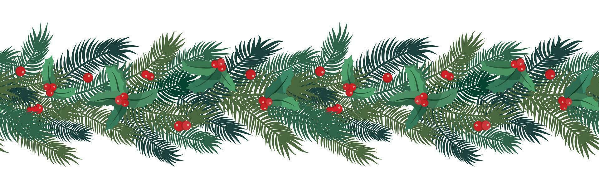 Winter holiday seamless border. Christmas tree branches with holly berries. Isolated on white background. Happy New Year banner design. vector