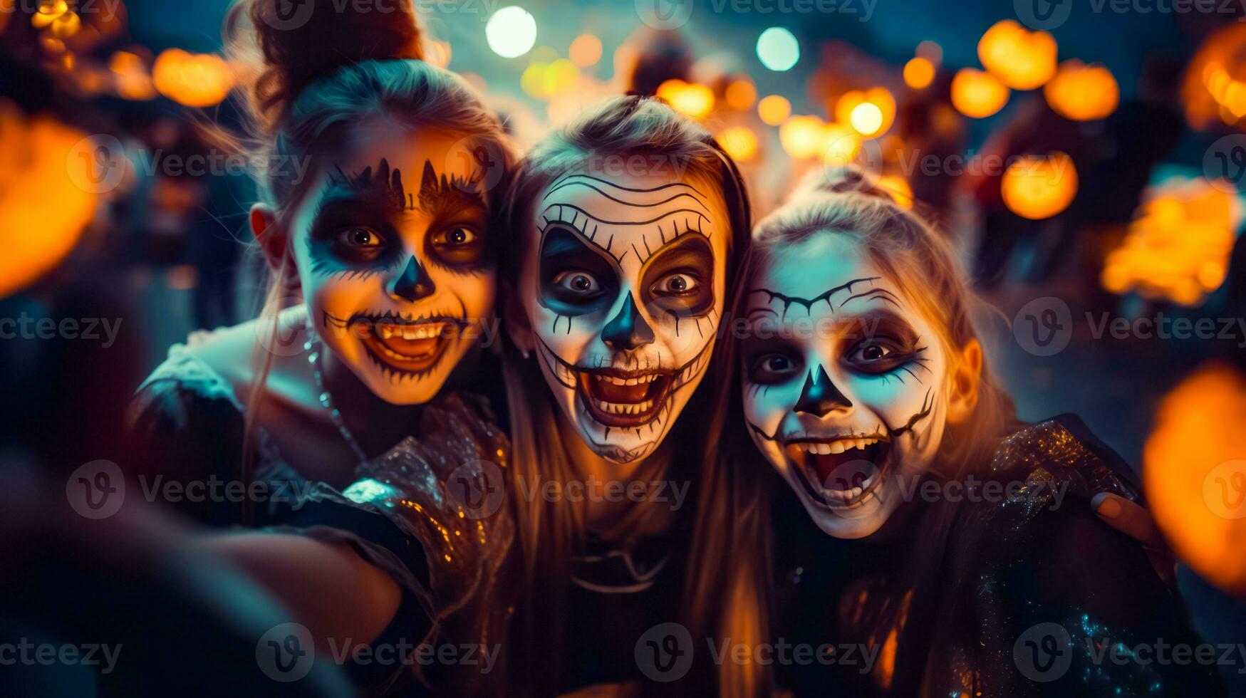 Three girls with painted faces pose for photo at halloween party in the dark. Generative AI